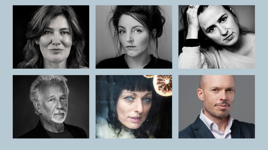 Een overzicht van 6 auteurs die op bezoek komen in Bibliotheek Bist. Van linksboven in klokwijzerzin: Margot Vanderstraeten, Lize Spit, Maud Vanhauwaert, Tom Van de Weghe, Lara Taveirne, Stefan Hertmans